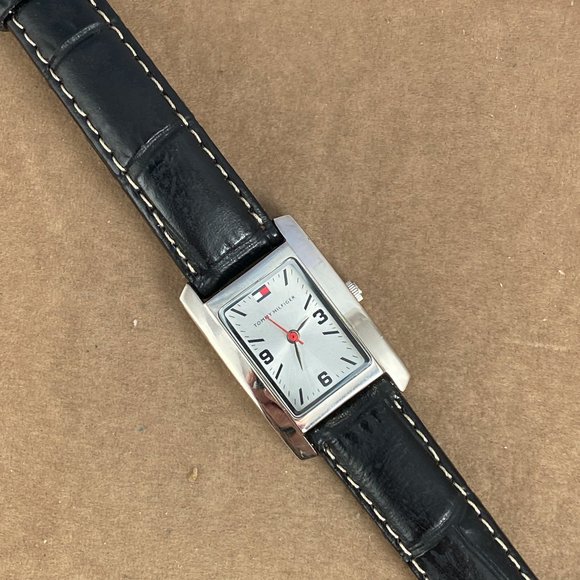 Tommy Hilfiger Black Strap Tank Style Watch Silver Tone Almost New - Picture 3 of 8